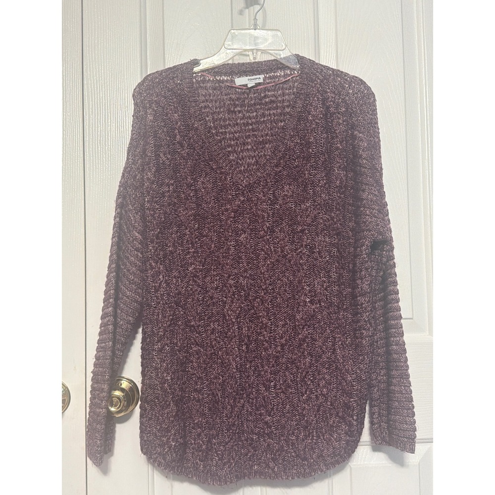 Sonoma Goods For Life Womens Large Purple Marl Cable Knit V-Neck Sweater